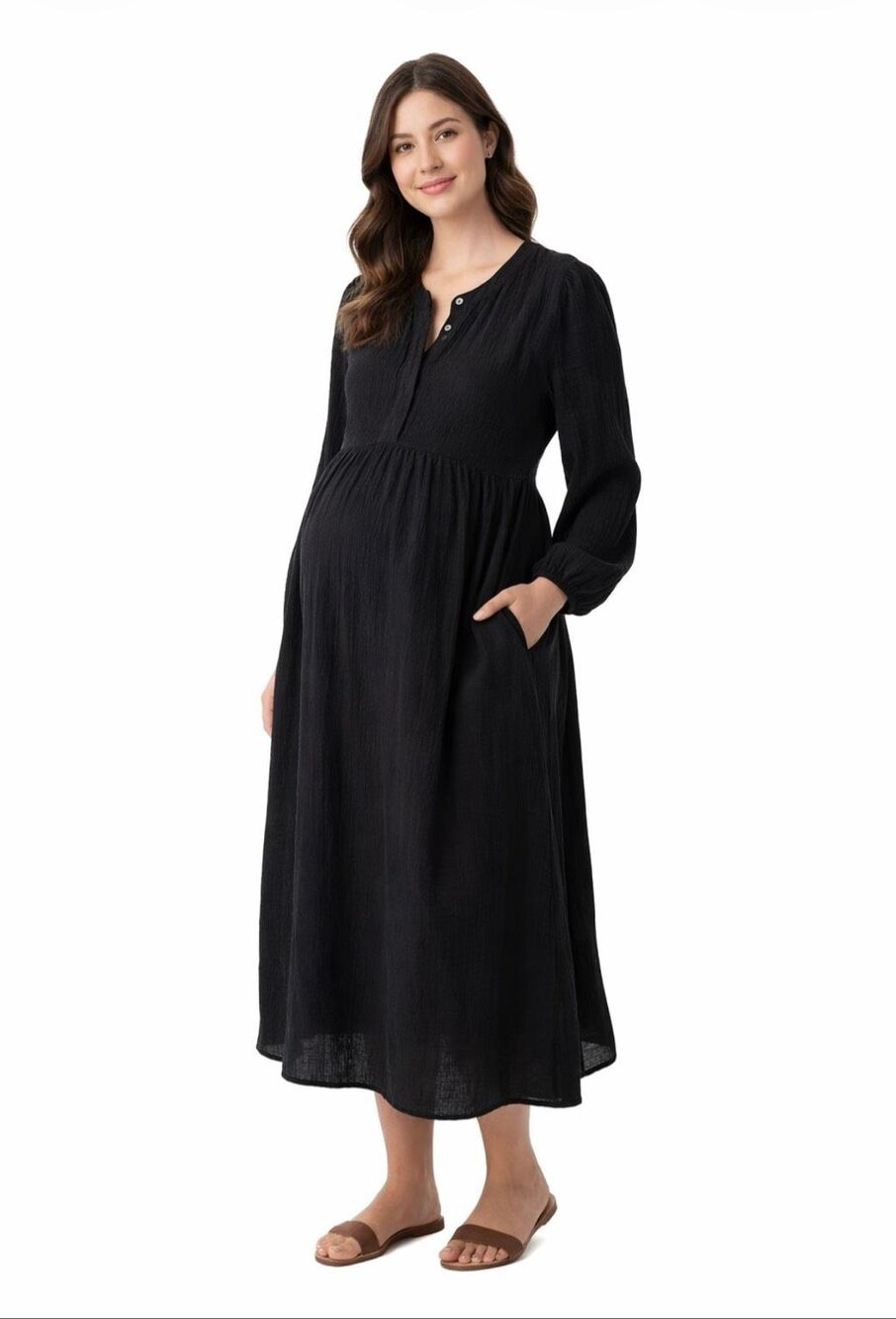 Frances Hart Black Gauze Maternity Midi Dress Long Sleeve Pockets XS
